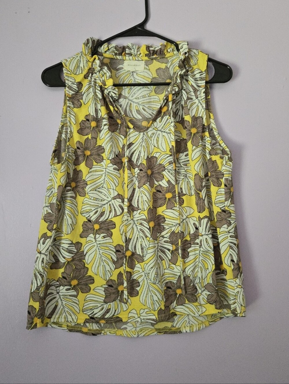 MELLODAY MED Yellow Tropical Floral Ruffle-Trim Tank